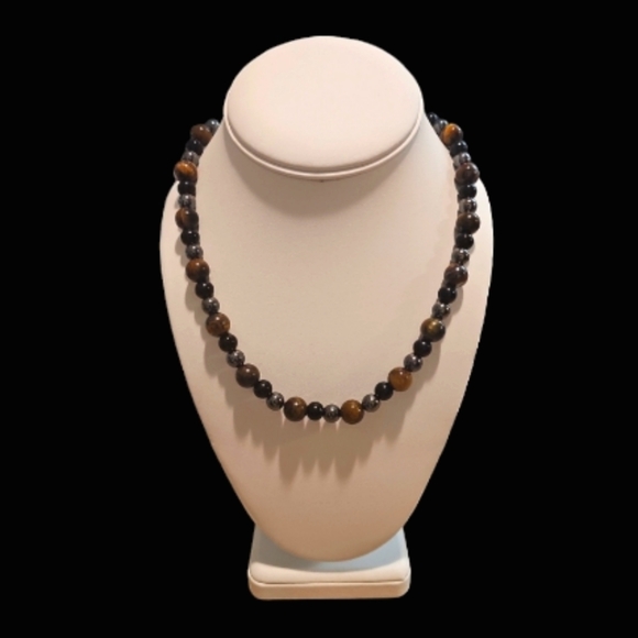 GenuineNatural Men's Tiger Eye Stone Hematite Obsidian Beaded Necklace.